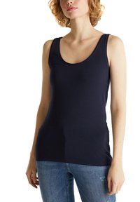 Canottiera senza maniche di colore blu navy con scollatura rotonda, realizzata in materiale liscio, caratterizzata da un design aderente e dettagli di cucitura minimi.