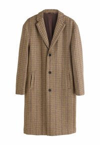 Pruun ruuduline pikk mantel lõhikuga krae, viie nupu, küljetaskute ja siledalt vooderdatud, tumedat tooni voodriga.