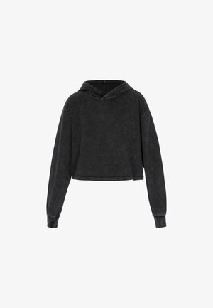 Forkortet sort hoodie i bomuldsstof, med lange ærmer, snoretræk til hætten og en diskret vaskefinish.