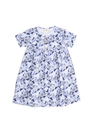 Baumwollkleid mit blauen Blumen- und Blättermustern auf einem weißen Hintergrund, kurzen Ärmeln, Rundhalsausschnitt und Holzknebelakzenten.