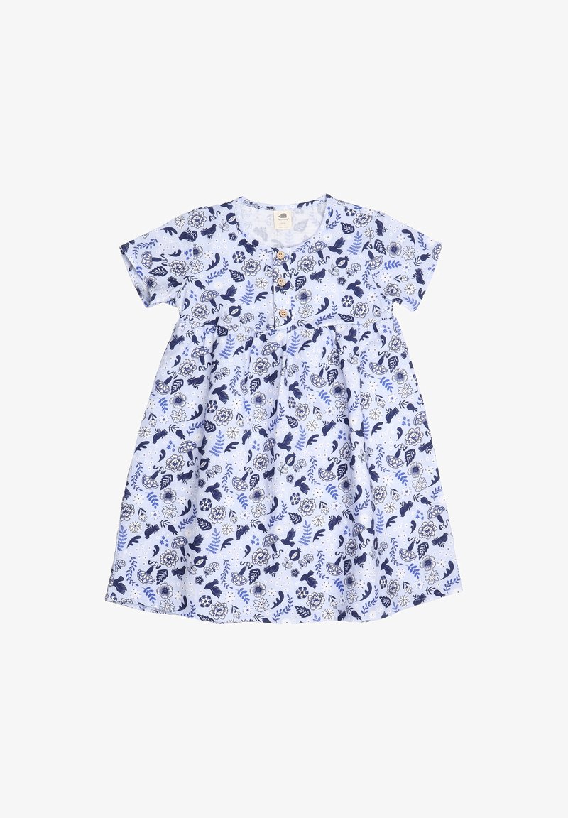 Baumwollkleid mit blauen Blumen- und Blättermustern auf einem weißen Hintergrund, kurzen Ärmeln, Rundhalsausschnitt und Holzknebelakzenten.