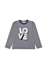 Navy and white striped long-sleeve T-shirt with a large   “LOVE” graphic in pink and blue, featuring textured accents. Round neckline.