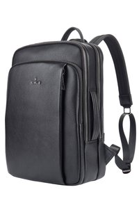 Zwarte leren rugzak met een gestructureerde afwerking, voorzien van meerdere ritscompartimenten en verstelbare banden voor comfort.