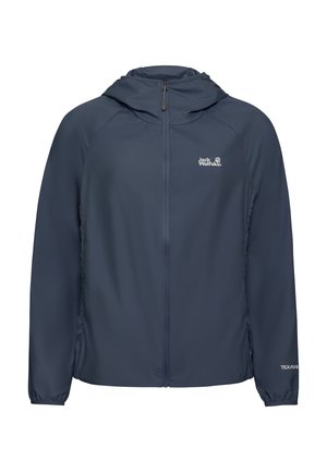 Marineblauer Blazer, leichtes Material, Reißverschluss vorne, Kapuze, elastische Bündchen, mit Logo auf der Brust und dem Ärmel, glatte Textur, vielseitiges Design.