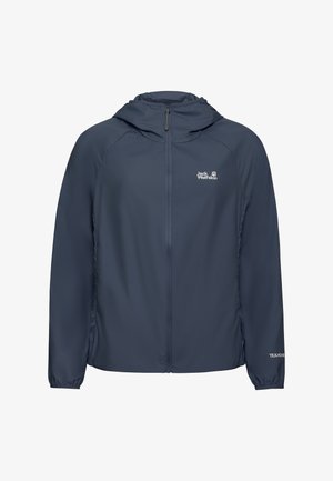 Marineblauer Blazer, leichtes Material, Reißverschluss vorne, Kapuze, elastische Bündchen, mit Logo auf der Brust und dem Ärmel, glatte Textur, vielseitiges Design.