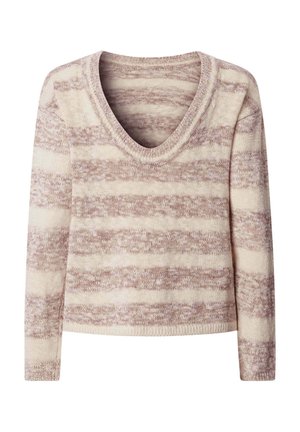 Langärmeliger V-Ausschnitt-Pullover mit breiten horizontalen beigen und hellbraunen Streifen, gestrickter Textur und gerippten Bündchen und Saum.