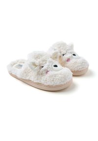 Pantofole bianche e soffici con design a pecora, caratterizzate da occhi e orecchie ricamati e un accento rosa. Tessuto morbido e suola leggera.