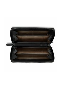 Portafoglio zip nero con più scomparti per carte, due compartimenti e una texture in pelle liscia; l'interno presenta un motivo goffrato sottile.