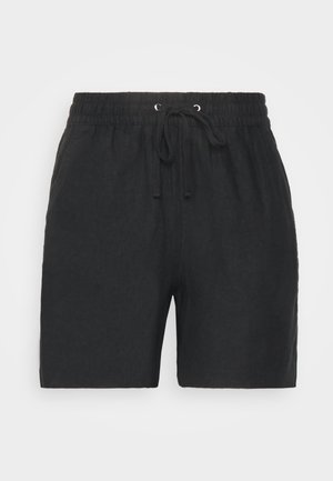 Schwarze Leinen-Shorts mit elastischem Bund, verstellbarem Kordelzug und Seitentaschen. Gerader Schnitt mit glatter Textur.