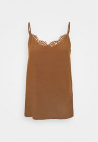 Camisola marrone con spalline sottili, caratterizzata da un bordo in pizzo lungo il colletto a V, realizzata in tessuto morbido e con una vestibilità comoda.