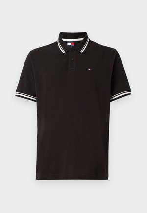 Polo negru din bumbac, cu guler clasic, plachetă cu trei butoane și dungi albe pe mâneci. Logo mic pe piept.
