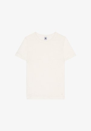 T-shirt met korte mouwen en ronde hals in licht crèmekleur, gemaakt van zacht materiaal, met een klein merkje op de halslijn en een effen ontwerp.