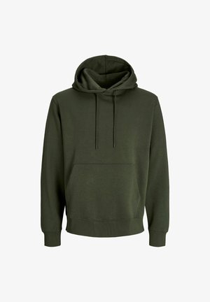 Olijfgroene hoodie van zachte stof, met een trekkoordcapuchon, een voorzak en ribgebreide manchetten en onderkant. Minimalistisch ontwerp zonder patronen.