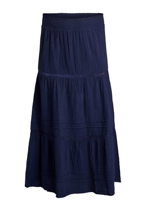 Marineblauer stufiger Midirock mit elastischem Bund, strukturiertem Stoff und Spitzenbesatz an den Lagen.