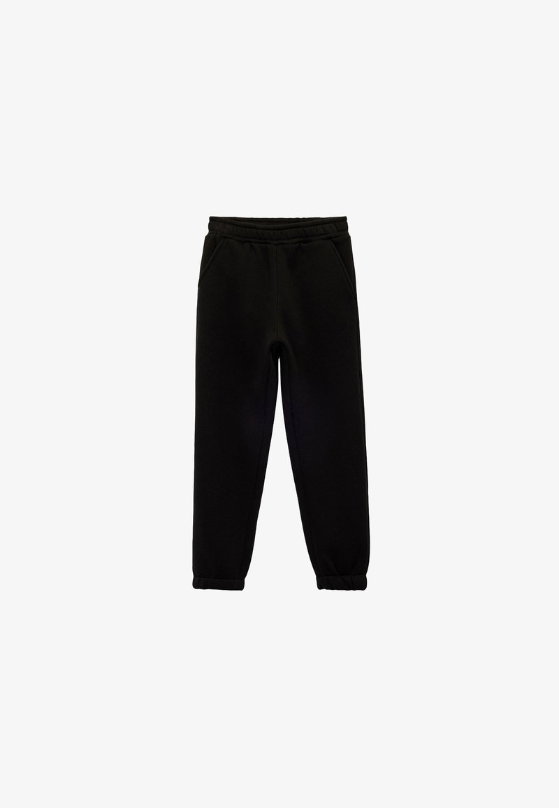 Schwarze Sweatpants aus einer Baumwollmischung mit einem elastischen Bund, zwei Seitentaschen und gerafften Bündchen an den Knöcheln.