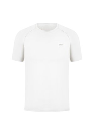Weißes kurzärmliges T-Shirt mit Rundhalsausschnitt, ausgestattet mit Raglansleeves und einem kleinen Logo auf der Vorderseite. Hergestellt aus weichem, leichtem Stoff.