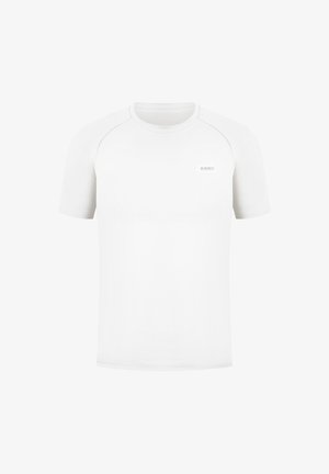 Weißes kurzärmliges T-Shirt mit Rundhalsausschnitt, ausgestattet mit Raglansleeves und einem kleinen Logo auf der Vorderseite. Hergestellt aus weichem, leichtem Stoff.