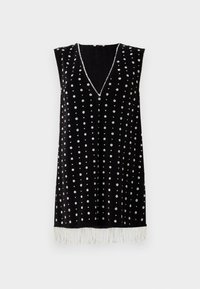 Μαύρο αμάνικο φόρεμα με V-λαιμόκοψη, διακοσμημένο με μικρή λευκή κεντητή άνθη, που διαθέτει διακοσμητική φούντα στο τελείωμα.