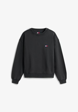 Zwarte sweatshirt van zachte stof, met een geribbeld ronde hals, lange mouwen en een klein logo-patch in rood, wit en blauw op de borst.