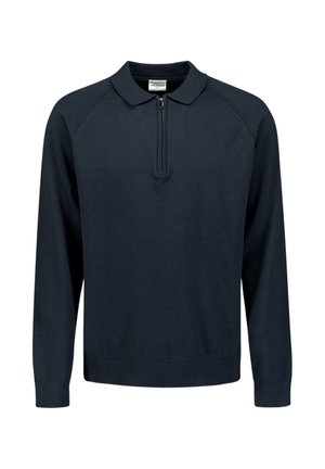Marineblauwe gebreide pullover met een ritskraag, lange raglanmouwen en geribde manchetten en zoom. Glad textuur, minimale ontwerp.