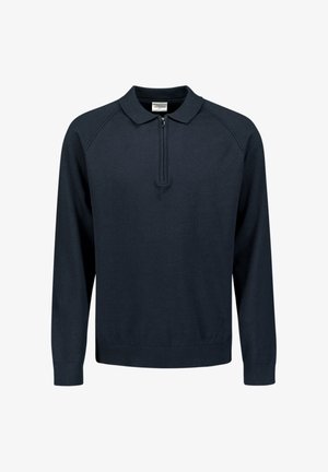 Marineblauwe gebreide pullover met een ritskraag, lange raglanmouwen en geribde manchetten en zoom. Glad textuur, minimale ontwerp.