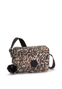 Borsa a tracolla con stampa leopardata, dotata di scomparto con zip, etichetta con logo nera e charm pom-pom in pelliccia nera. Realizzata in tessuto resistente.