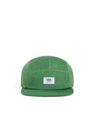 Gorra de malla verde con visera plana, que presenta un parche con el logo blanco de Vans en el frente. La tela tiene una textura perforada.