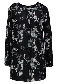 Svart blus med ett blommönster i blå och grå nyanser. Långa ärmar, rund halsringning och en knäppning framtill. Lätt material.