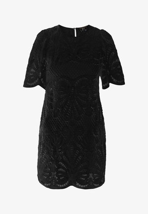 Mustmustikkas kleit tekstureeritud lillemustriga, lühikeste пуф-кäiste, ümmarguse kaelusega ja tagumise võtmeaugu sulgemisega. Valmistatud kergest kangast.