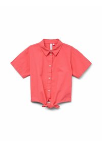 Camicetta corallo a maniche corte con colletto, chiusura a bottoni e dettaglio anteriore annodato. Realizzata in un tessuto leggero.
