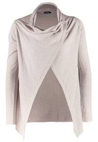 Beige cardigan met een coloverschrijving, asymmetrische voorkant en een enkele knoopsluiting. Geweven stof met lange mouwen en een lichtgewicht ontwerp.