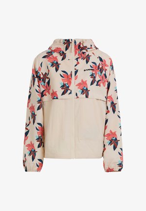 Beżowa kurtka z kapturem na suwak z różowym i granatowym kwiatowym wzorem na górnej połowie i rękawach, elastycznymi mankietami i przednimi kieszeniami.