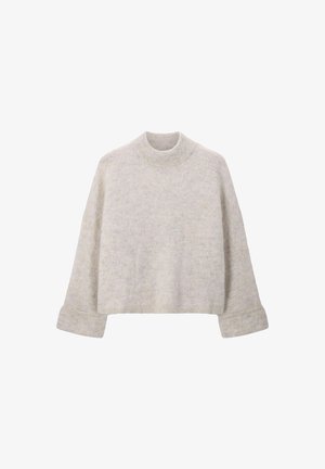 Pull court gris clair avec un col montant côtelé et des manches larges, fabriqué à partir d'un matériau doux et texturé. Conception subtile sans motifs.