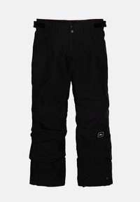 Pantalon de neige noir isolé avec des languettes de taille ajustables, deux poches avant, braguette à boutons et bas de jambes renforcés.