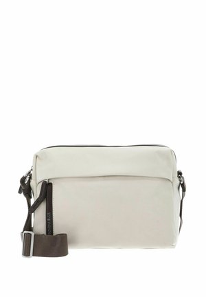 Sac bandoulière rectangulaire blanc en matière douce avec fermeture éclair, sangle marron réglable et poche avant.