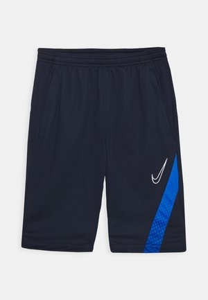 Pantaloni sportivi navy con una striscia blu laterale, dotati di tasche e un piccolo logo bianco sul davanti. Tessuto morbido con una vestibilità comoda.