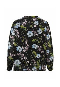 Blusa nera a maniche lunghe con stampa floreale blu e rosa, spalle arricciate e polsini con bottoni, vista da dietro.