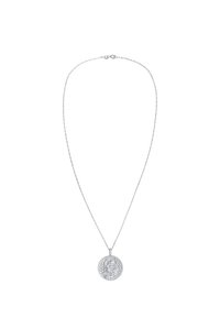 Collana d'argento con un medaglione rotondo caratterizzato da un design del viso in rilievo e un bordo testurizzato, sospesa a una delicata catena.