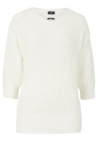 Pull blanc en tricot avec col en V, manches trois-quarts et ourlet côtelé, présentant un motif texturé sur l'ensemble.