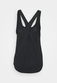 Canotta nera con design incrociato sulla schiena, caratterizzata da un tessuto strutturato e un orlo arrotondato. Le spalline sono larghe ed esposte sul retro.