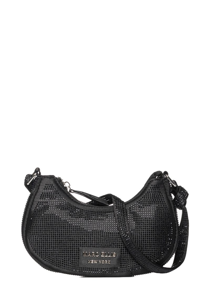 Mini handbag nera perforata con forma curva, tracolla regolabile e zip metallica. Presenta una etichetta in pelle con il marchio sul davanti.