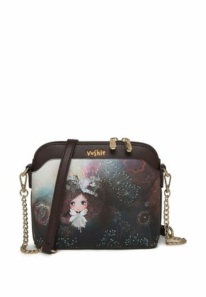Crossbody bag made of dark faux leather with a colorful, whimsical graphic design featuring flowers and a character. Gold-tone hardware accents.