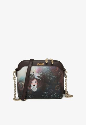 Umhängetasche aus dunklem Kunstleder mit einem bunten, verspielten grafischen Design mit Blumen und einer Figur. Akzente in Goldoptik.