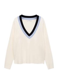 Pull crème clair à manches longues, col en V, avec un col contrastant noir et bleu. Texture douce et coupe décontractée. Design simple.