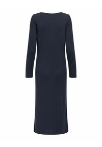 Abito a maniche lunghe in maglia a coste blu navy con silhouette dritta e scollatura rotonda, caratterizzato da un tessuto testurizzato e lunghezza fino al polpaccio.