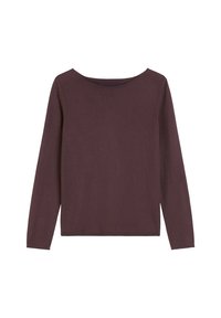 Burgundijas krāsas ilgām piedurknēm tops ar plašu dekoltē, izgatavots no mīkstas auduma. Iespējots brīvs piegriezums un taisna apakšmala. Nav redzamu rakstu vai akcentu.