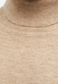 Pull à col roulé beige en tissu doux, doté d'une texture côtelée et d'un design près du corps au niveau du cou et des épaules.