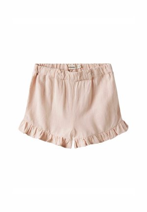 Light pink shorts made of lightweight material, featuring a ruffled hem, an elastic waistband, and a simple, smooth texture.