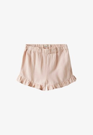 Hellrosa Shorts aus leichtem Material mit einem gerafften Saum, einem elastischen Bund und einer einfachen, glatten Textur.
