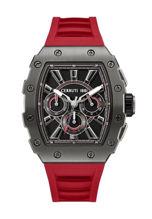 Ročna ura Cerruti 1881 iz nerjavnega jekla s črnim številčnico, rdečimi poudarki, tremi podštevilčnicami in rdečim silikonskim paščkom.